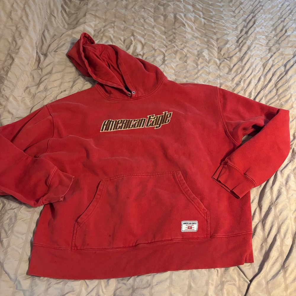 Y2K American Eagle Outfitter's XL Red Graphic Logo Distressed Hoodie Sweatshirt